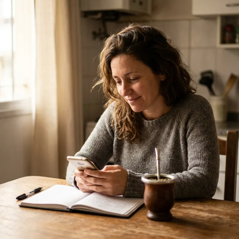 Mujer argentina en su cocina ordenando sus finanzas personales desde el celular, con un mate y un cuaderno de anotaciones