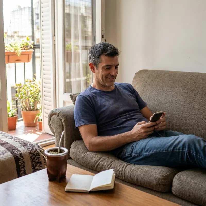 Hombre argentino relajado en su living, revisando su primera inversión desde el celular, con un mate al lado